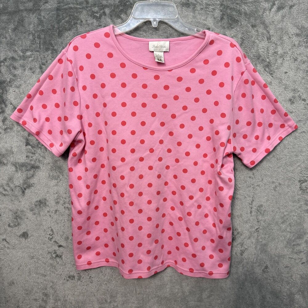 Studio works womens top Lg pink polka dot cotton